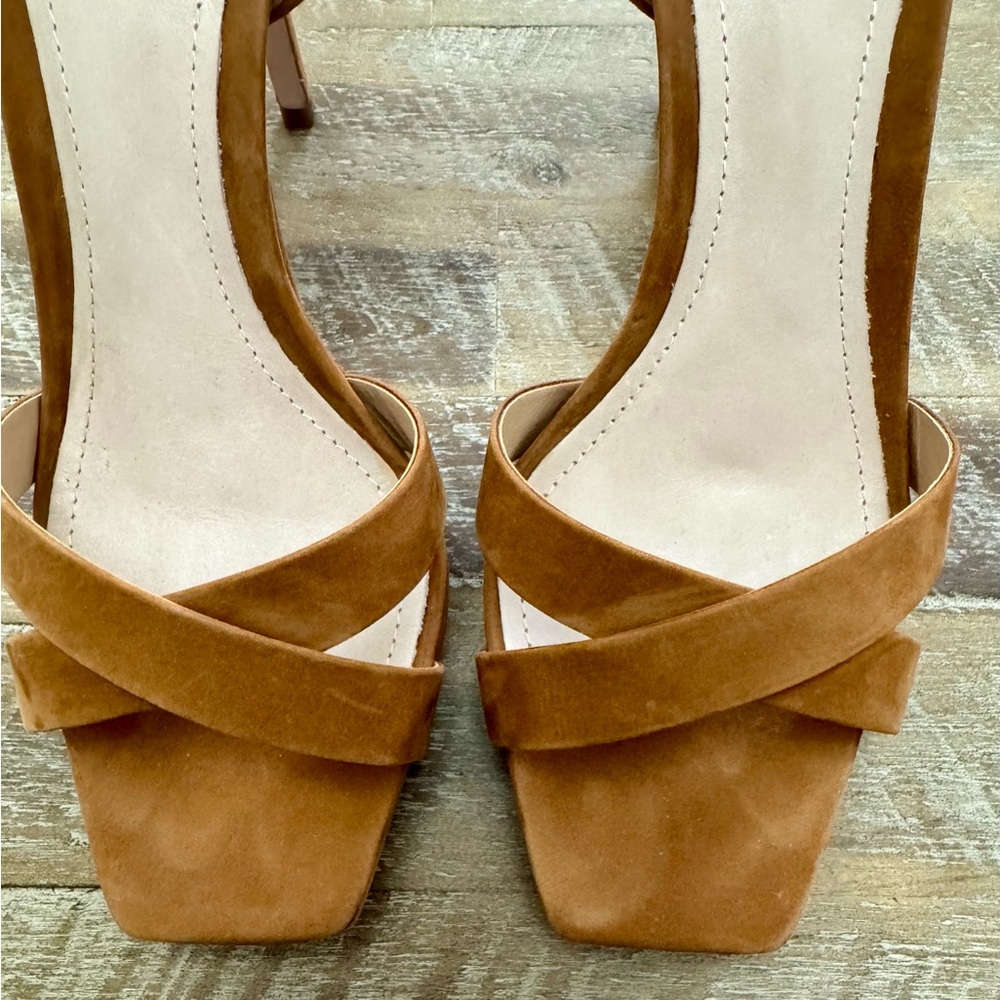 SCHUTZ Cognac Brown Suede Strappy Block Heel Sandals - Picture 2 of 6